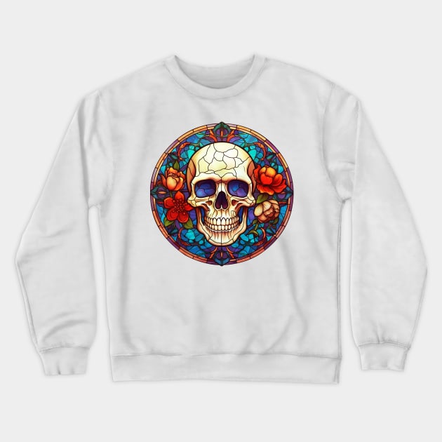 Stained Glass Floral Skull #4 Crewneck Sweatshirt by Chromatic Fusion Studio